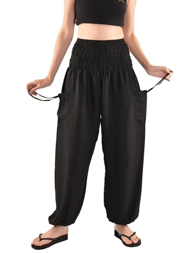 Orient Trail Damen Hippie Bohemian Palazzo Yoga Scrunched Bottom Tie Dye Haremshose, Einfarbig Schwarz, M