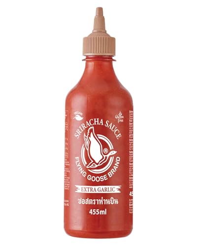 Thailand Tipp: FLYING GOOSE Sriracha Chilisauce, mit extra Knoblauch, scharf, braune Kappe, scharfe Würzsauce aus Thailand, 1 x 455 ml