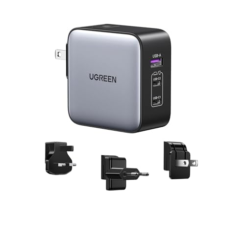 Perfekt für die Reise: UGREEN Nexode 65W USB C Ladegerät GaN Netzteil 3-Port Travel Charger mit EU/US/UK Stecker Reiseladegerät Weltweit kompatibel mit MacBook, iPhone 16 Pro Max, 15 Pro, S24 Ultra, S24+, S24 usw
