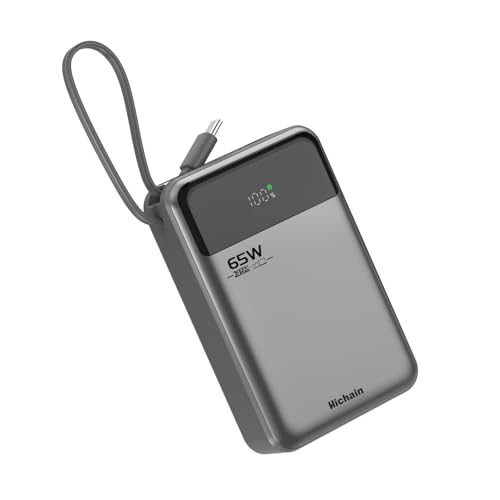 Hichain PD-Powerbank, 65 W, 20.000 mAh, tragbares Reise-Ladegerät mit eingebautem USB-C-3-Ports, Schnelllade-Akku für Tablet, MacBook, iPhone 16/15 Serie, Samsung, Android Switch, Grau