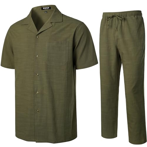 Perfekt für die Reise: JEMITOP 2-teiliges Herren-Outfits, Sommer, entspannte Passform, Wanderanzug, lässig, kubanisches Guayabera-Hemd und Hose, Set für Strandurlaub, Olivgrün, X-Large