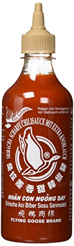 Thailand Tipp: FLYING GOOSE Sriracha scharfe Chilisauce mit extra Knoblauch – scharf, braune Kappe, Würzsauce aus Thailand, 2er Pack (2 x 455 ml)