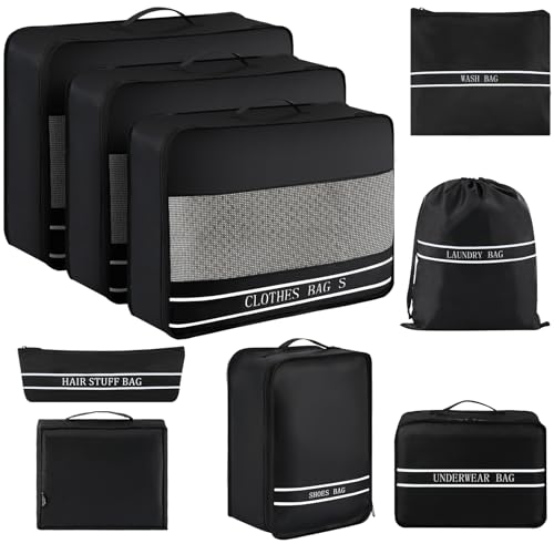 Thailand Tipp: Ougrand 9 Set Packwürfel Gepäckverpackung Organizer für Reisezubehör, platzsparende Reisetaschen für Handgepäck, leichter Netz-Reißverschluss, Kleidung, Wäsche- und Schuhbeutel, Koffer (schwarz)
