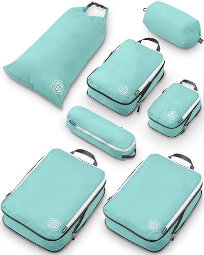 TRIPPED Travel Gear Große Packwürfel für Reisen, extra große Kompressions-Gepäck-Organizer, 7-teiliges Set, ultraleicht, erweiterbar/Kompressionsbeutel für Kleidung (Blaugrün/Weiß)