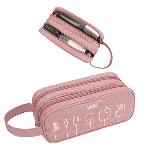 HESTECH Elektronik-Organizer, Reise-Ladegerät, Kabel-Organizer, Tasche, tragbar, wasserdicht, doppellagig, All-in-One-Aufbewahrung für Ladegerät, Maus, Ohrhörer, USB-Laufwerk, Hellrosa, M-Double