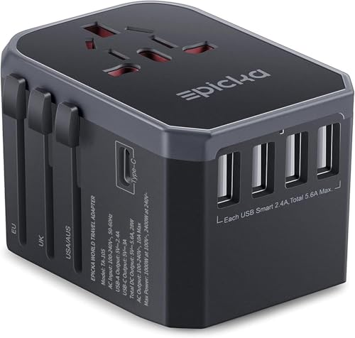 Thailand Tipp: EPICKA Reiseadapter Weltweit, Reisestecker Adapter Weltweit 28W, Internationaler Steckdosenadapter mit 4 USB-A,1 USB-C, Universal Travel Adapter für USA UK EU Japan Thailand Australien TA-105 Schwarz