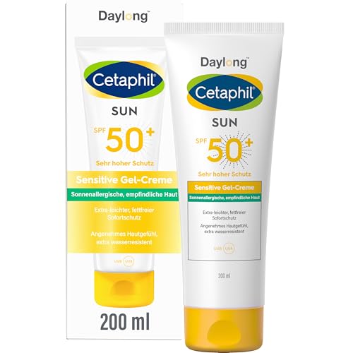 Perfekt für die Reise: CETAPHIL SUN Sensitive Gel-Creme SPF 50+, 200ml, Sonnencreme für empfindliche, zu Sonnenallergie und Mallorca-Akne neigende Haut, Extra leichter, fettfreier Sonnenschutz, Frei von Parfüm & Emulgatoren