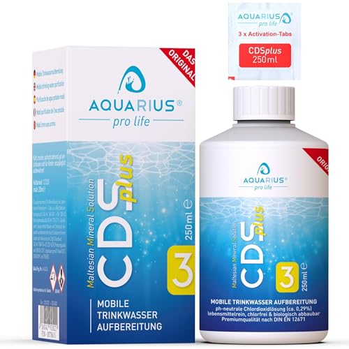 Perfekt für die Reise: Aquarius pro Life ® – CDSplus 250 ml – patentierte Chlordioxid Lösung für die Trinkwasserreinigung I Idealer Belgeiter für Camping & Urlaub I CDL Tropfen I Auf Wunsch aktivierbar I Das Original