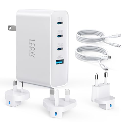Perfekt für die Reise: 100W USB C Ladegerät Travel Adapter, 4-Port Reiseladegerät Faltbarer Steckerkonverter mit UK/EU/AU Steckern, Schnellladung für MacBook Pro/Air, für Samsung Galaxy S25/S24, iPhone 16/15, Weiß