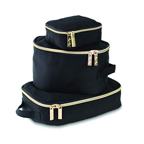 Perfekt für die Reise: Itzy Ritzy Packing Cubes – Set mit 3 Packwürfeln oder Reiseorganisatoren; Jeder Würfel verfügt über ein Netzoberteil, zwei Reißverschlüsse und einen Stoffgriff; Schwarz mit Gold Hardware