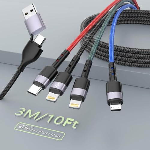 4-in-2-Multi-Universal-Ladekabel, 3 m, USB-A/C-Multi-Ladekabel, geflochtenes Nylon, Schnellladekabel mit 2 Lightning-Anschlüssen, Typ C + Micro-USB-Anschlüsse, Reiseladegerät für iPhone/Tablet/Galaxy