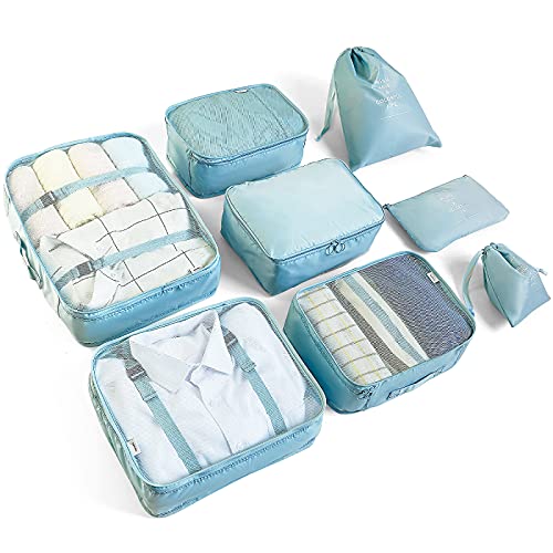 McNory McNory Reise-Organizer, 8 Stück, Reiseverpackung, Packwürfel für Reisen, wasserdichte Polyester-Aufbewahrung, Gepäck, Reise-Aufbewahrungstaschen, Kleidung, Koffer, Hellblau