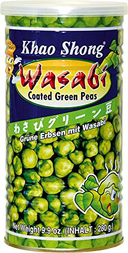 Perfekt für die Reise: Khao Shong Grüne Erbsen mit Wasabi, knackige Erbsen im scharfen Teigmantel, fettärmere Alternative zu Nüssen, mittlere Schärfe, 4 x 280 g Dose