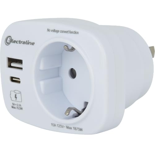 Thailand Tipp: Electraline 70036 Reiseadapter USA, Deutschland Stecker, USA Adapter Steckdose mit 2 USB (A+C) Max 15.5W