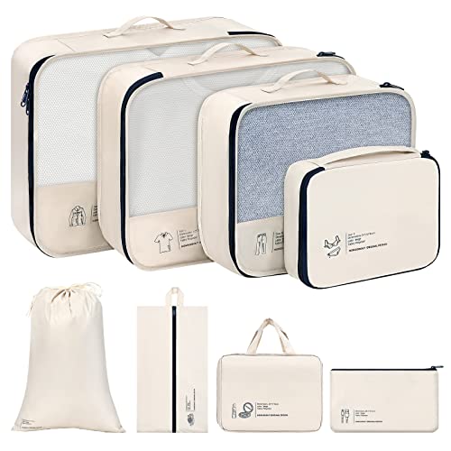 Perfekt für die Reise: Homsorout Koffer Organizer Set, Packing Cubes für Kleidung, Packtaschen für koffer, Wasserfester Kleidertaschen Travel Organizer mit Kosmetiktasche, Schuhbeutel (8, Beige)