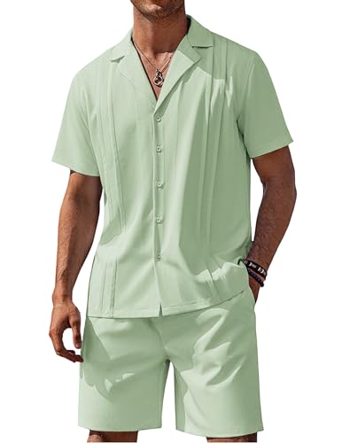 Perfekt für die Reise: COOFANDY Zweiteiliges Herren-Outfit-Set, legere Guayabera-Hemden und Strand-Shorts, Button-Down-Sommer-Set, Hellgrün, Large