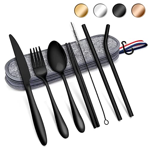 Thailand Tipp: Herogo Reisebesteck Set, 8-Stück Camping Besteck aus Edelstahl, Tragbare Utensilien Set mit Tragetasche, Messer, Gabel, Löffel, Essstäbchen, Strohhalme, Bürste für Outdoor Reise Picknick(Schwarz)