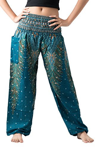 Thailand Tipp: B BANGKOK PANTS Haremshose für Damen, Yoga, Boho-Kleidung mit Taschen, Grüner Pfau, Einheitsgröße