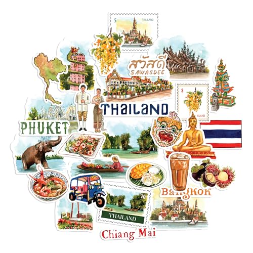 Thailand Tipp: Navy Peony Erstaunliche Thailand-Reise Aufkleber (30 Stück) – Aquarell, wasserdichte Bangkok-Ferien Aufkleber für Tagebücher, Scrapbooks